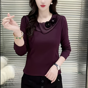 妈妈装秋季圆领荷叶边两朵花长袖小衫时尚女T恤打底衫气质女上衣