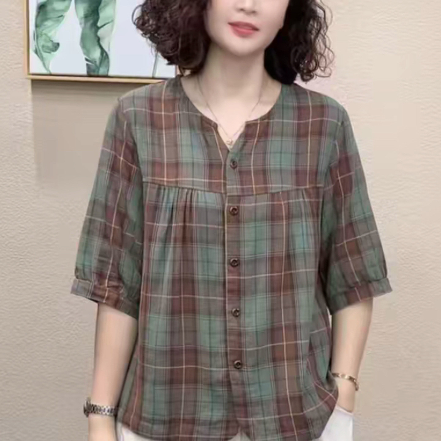 妈妈装夏V领格子开衫T恤宽松衬衣