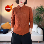 妈妈装冬季衬衫领斜门襟刺绣双面绒打底衫时尚女洋气T恤保暖上衣