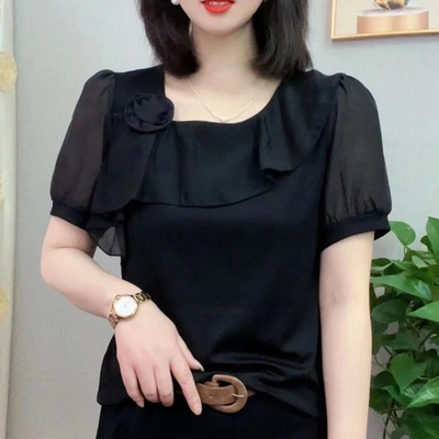 妈妈装夏短袖不规则荷叶边领小衫