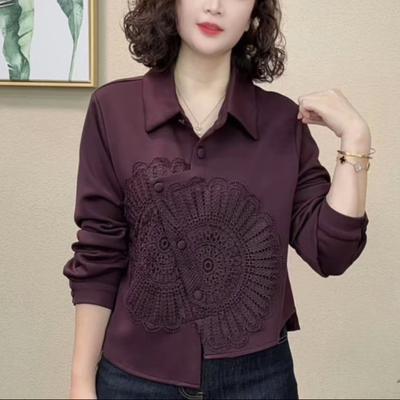 妈妈装秋季衬衫领斜门襟刺绣长袖