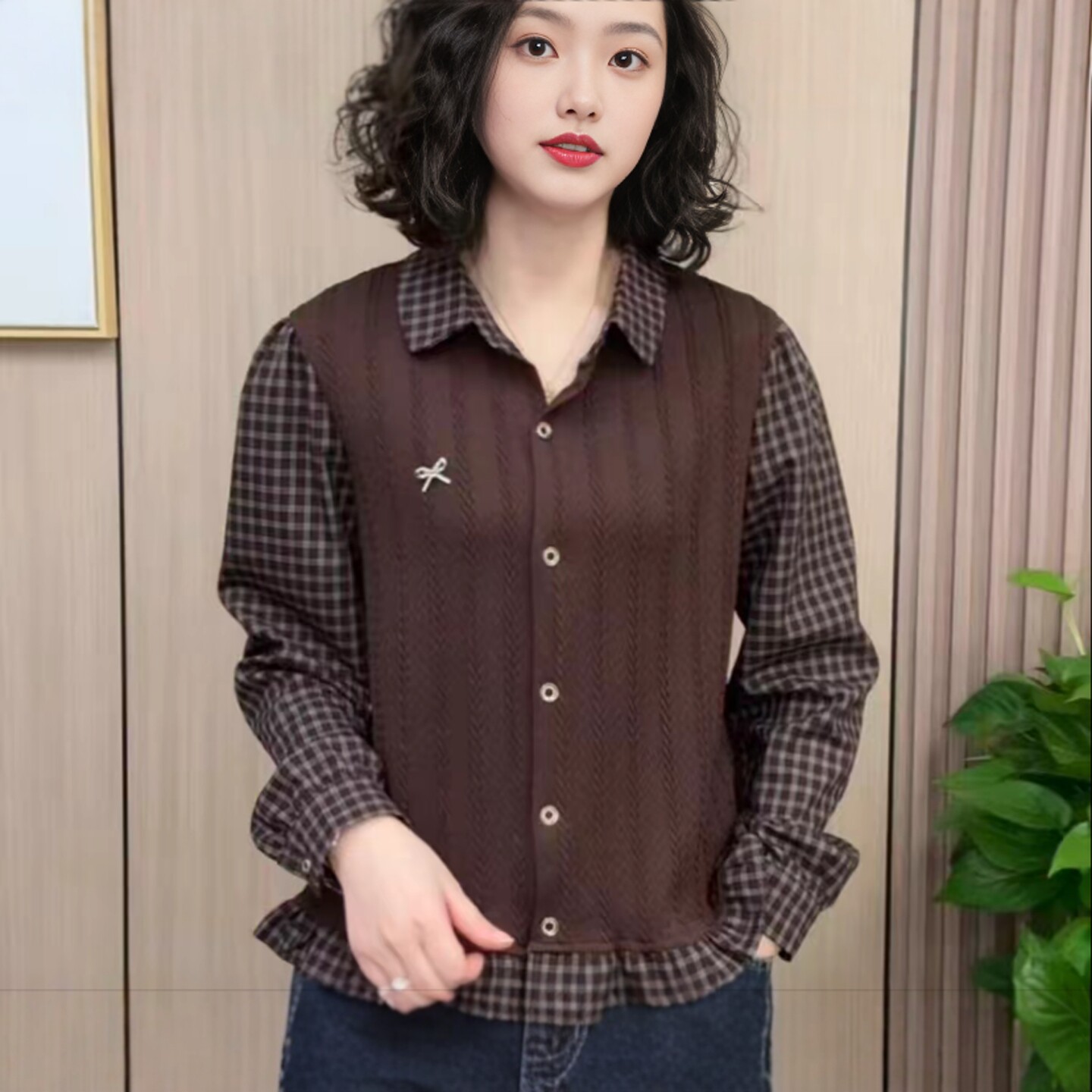 秋季妈妈装格子衬衫领假两件衬衫