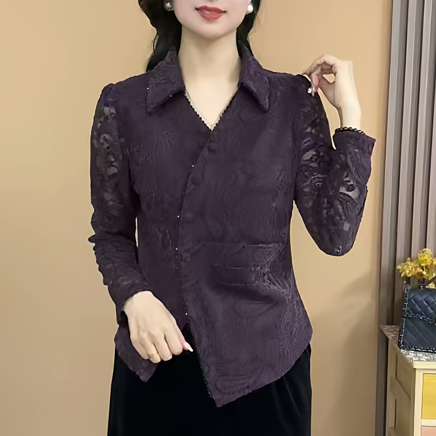 妈妈装秋季衬衫领斜门襟蕾丝植绒长袖小衫时尚女T恤打底衫女上衣,女装/女士精品,T恤,淘宝优惠券,粉丝福利购,淘宝优惠卷