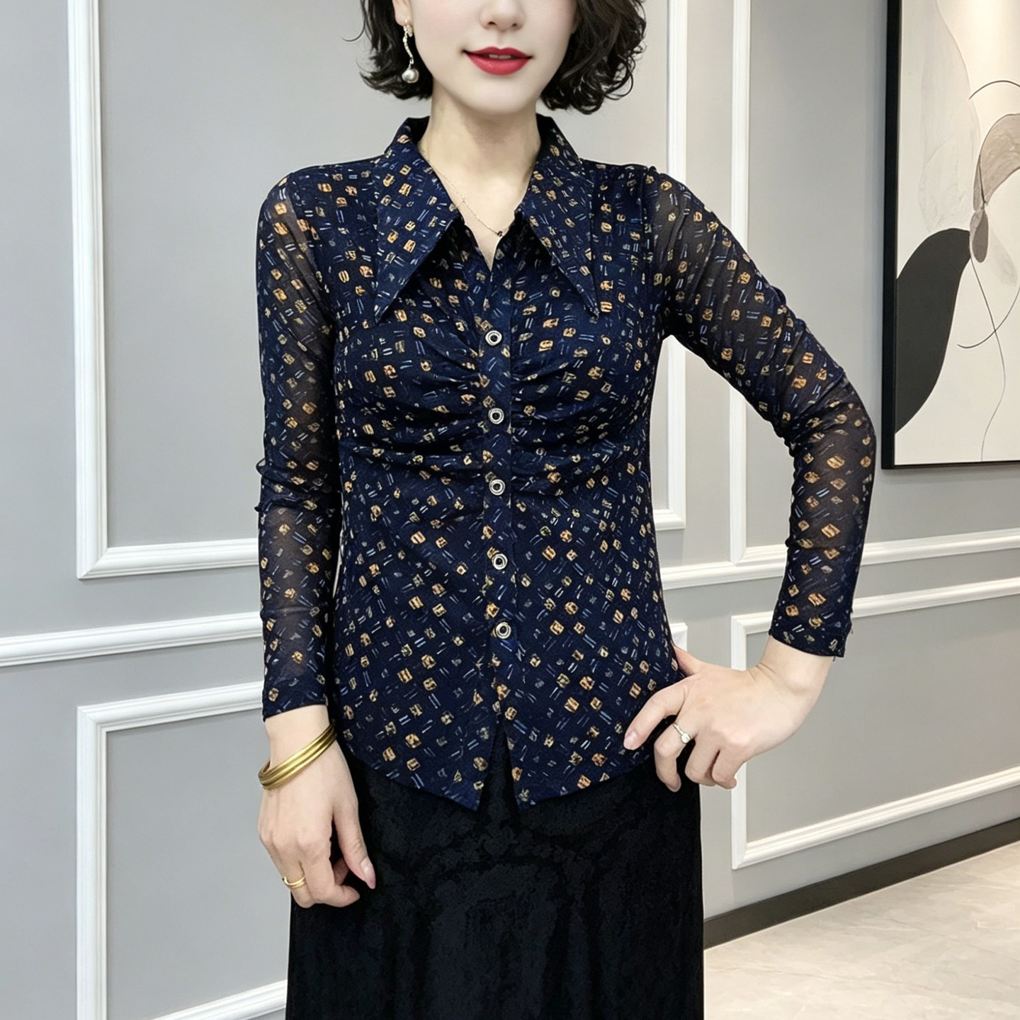 妈妈装Polo领网纱前褶皱长袖T恤