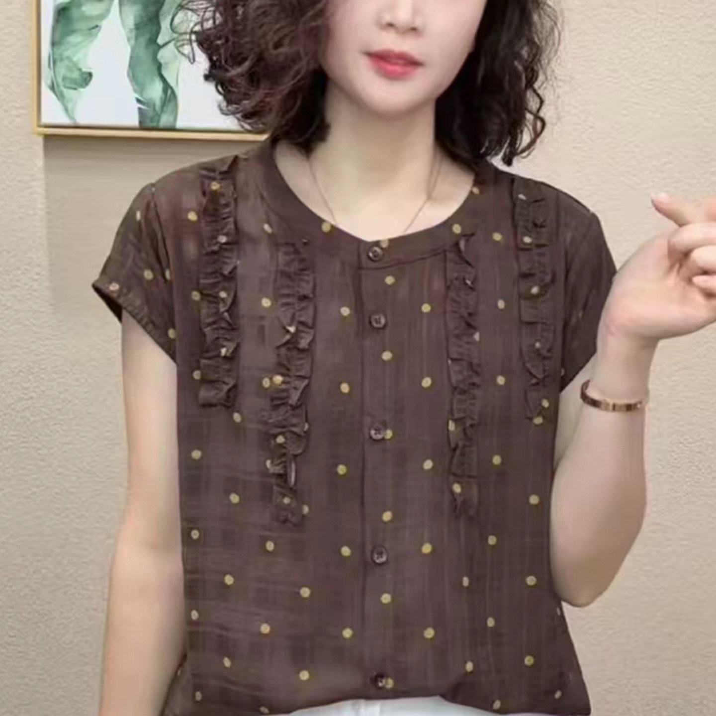 妈妈装夏波点木耳边短袖休闲小衫