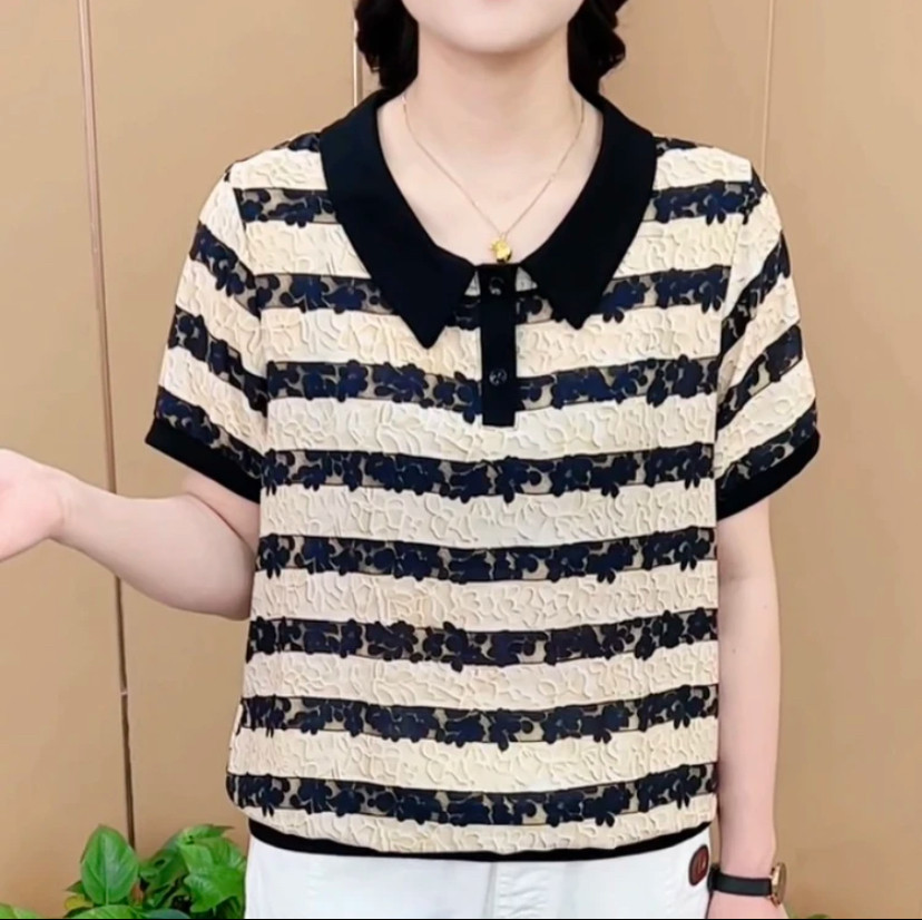 妈妈装夏短袖条纹印花娃娃领小衫