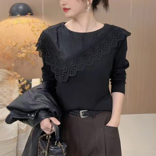 妈妈装秋季甜美披肩花边长袖T恤