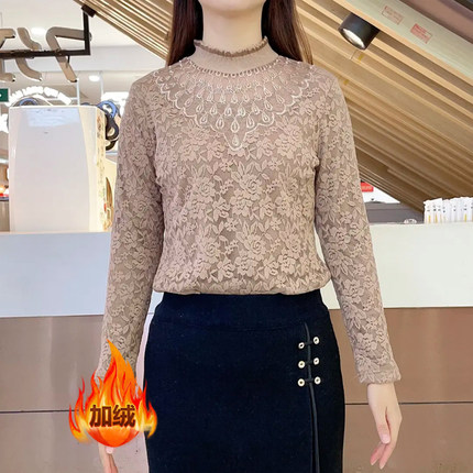 妈妈装半高领蕾丝加绒打底衫时尚女冬季加厚长袖T恤减龄百搭上衣