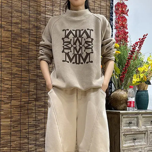 妈妈装半高领字母印花双面绒卫衣2023款休闲保暖百搭女装宽松上衣