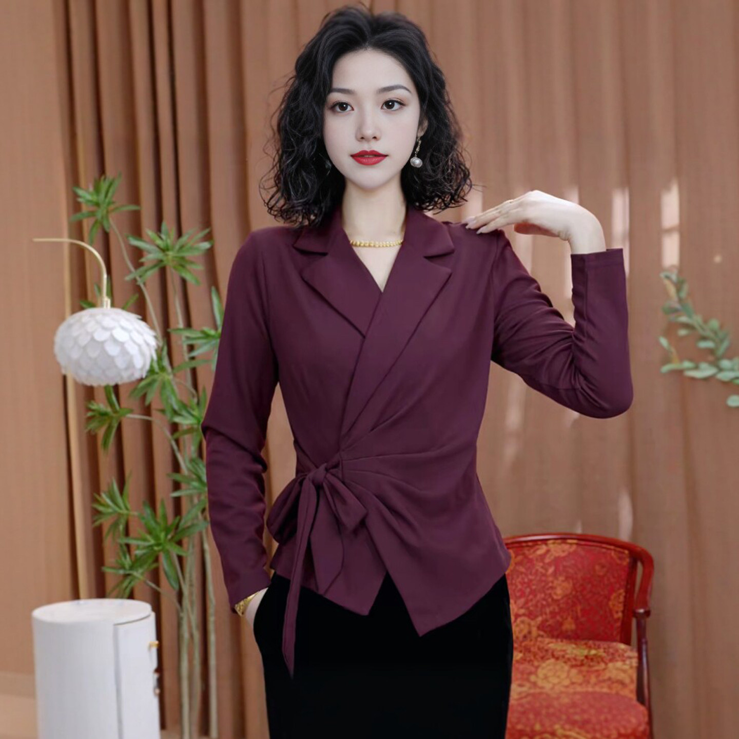 妈妈装春西服领扎结显瘦长袖小衫