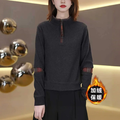 妈妈秋冬立领加绒格子拼接打底衫