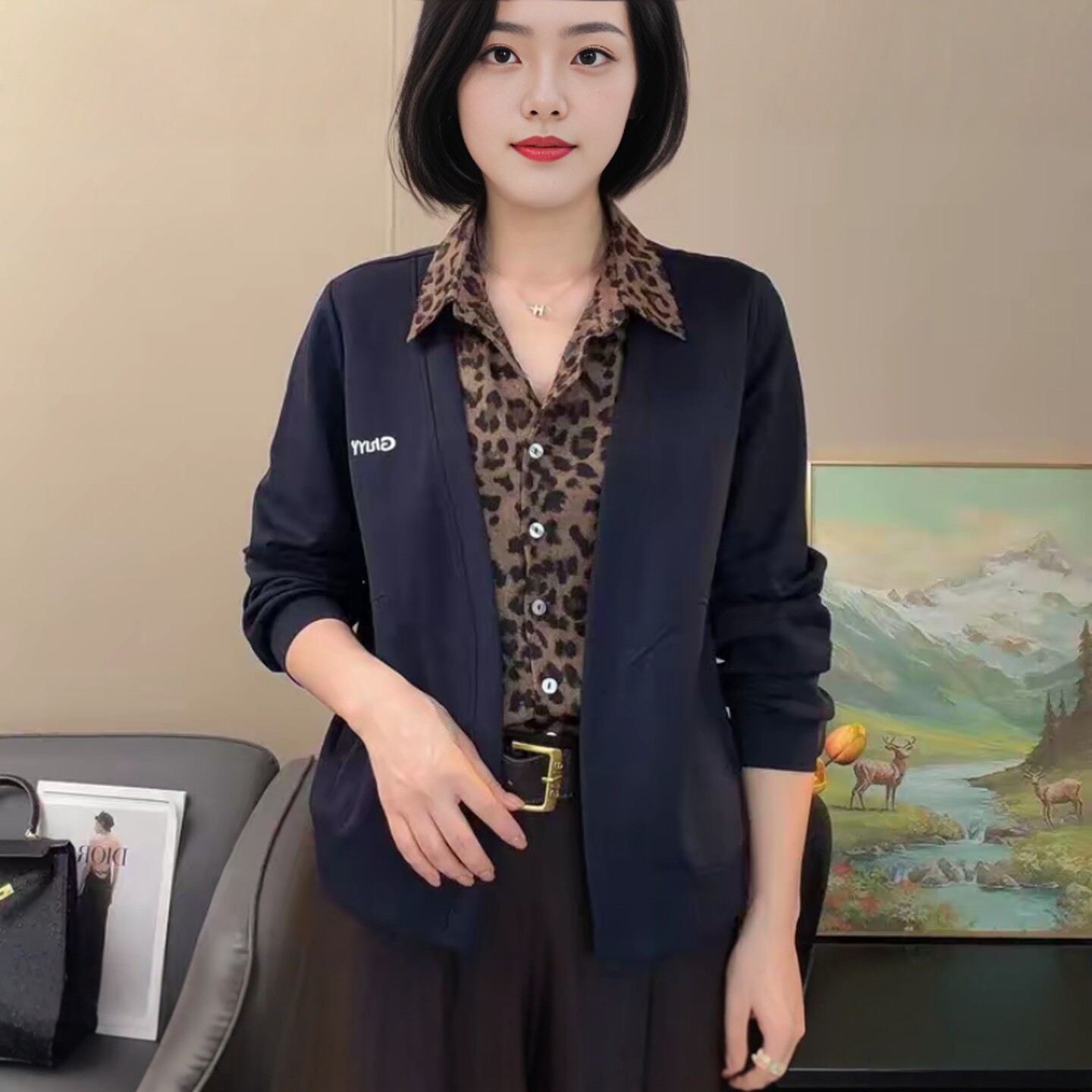 妈妈装衬衫领豹纹假两件显瘦上衣