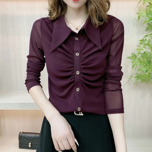 妈妈装秋季长袖Polo领前褶皱小衫