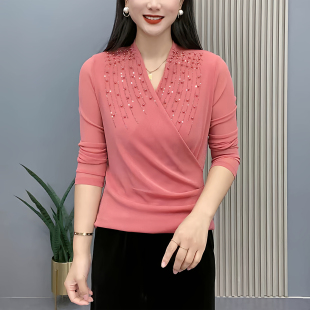 妈妈装秋季交叉V领钉珠网纱长袖小衫时尚女洋气T恤打底衫女士上衣