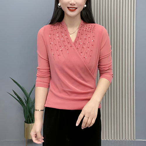 时尚女秋季V领网纱钉珠长袖小衫
