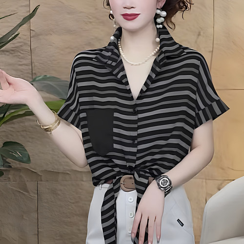 妈妈装夏POLO领条纹贴袋短袖衬衫