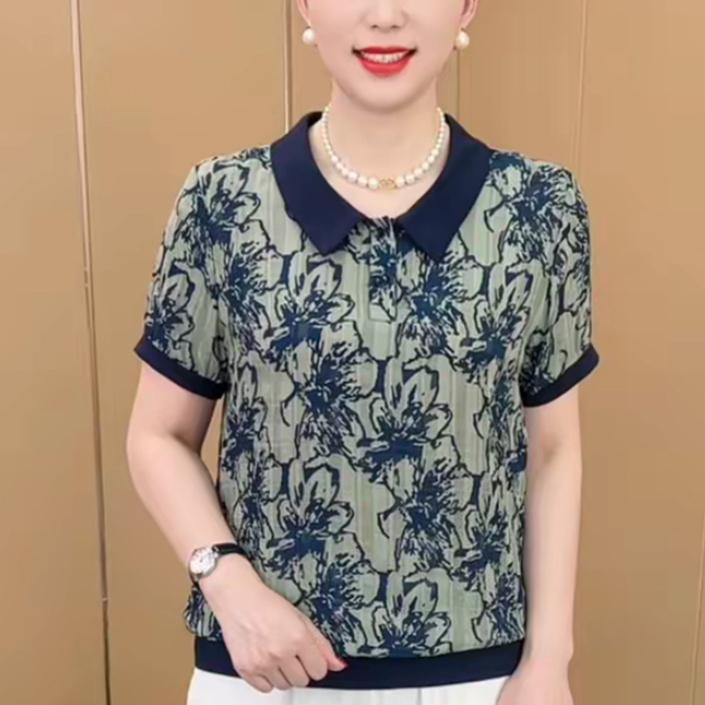 妈妈装夏镶色娃娃领印花短袖T恤