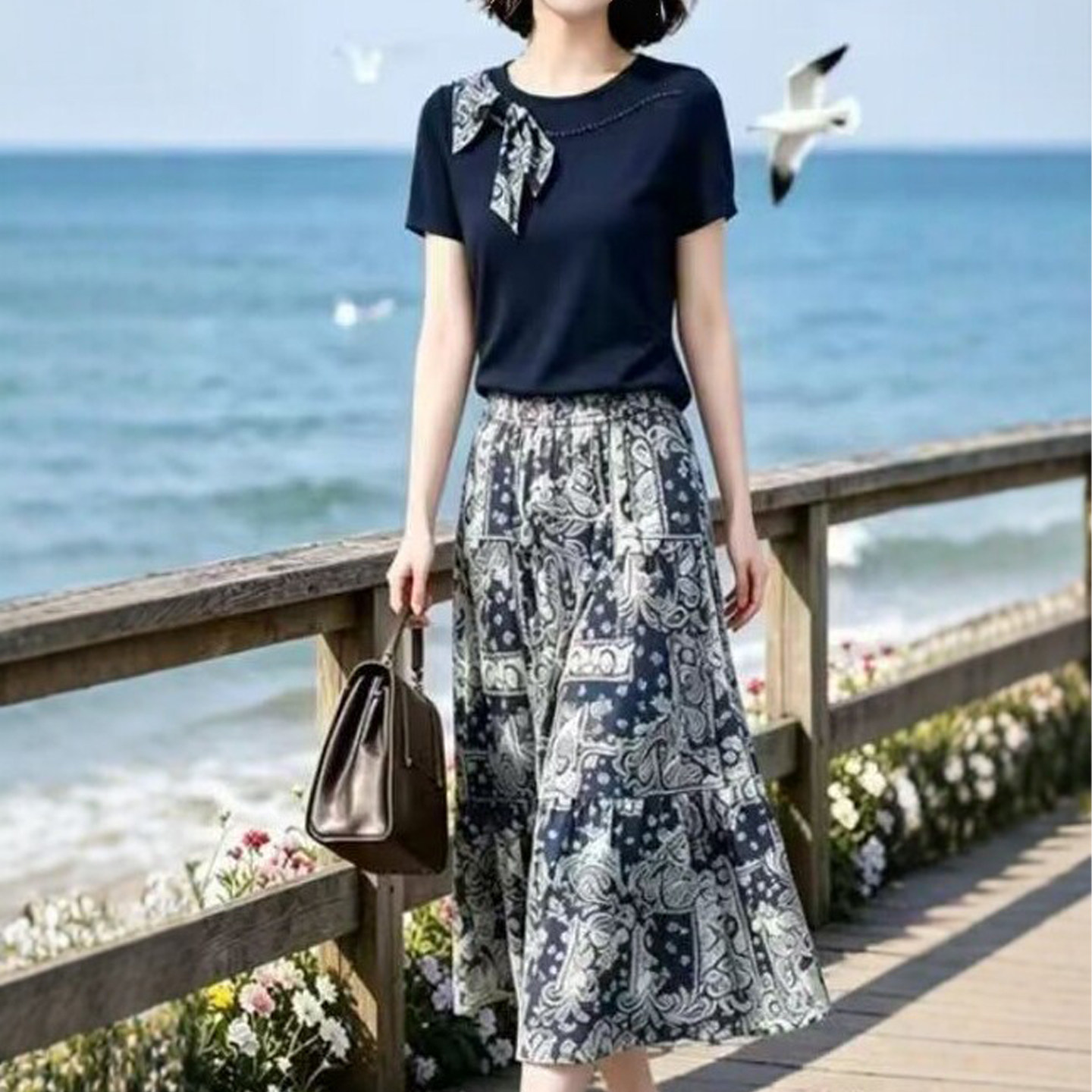 妈妈装纯色圆领飘带钉珠短袖小衫时尚女夏季洋气两件套减龄女套裙