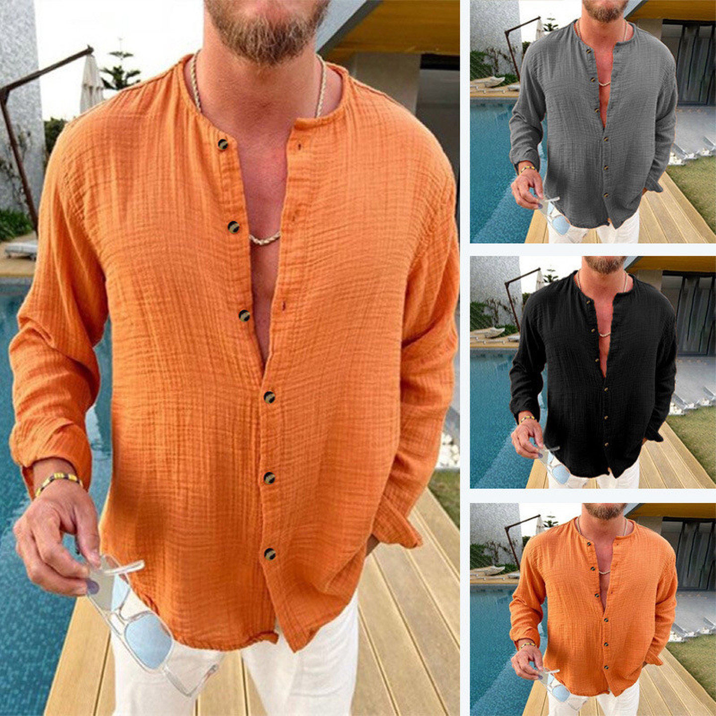欧美男装夏季宽松休闲皱感长袖衬衫纯色舒适衬衣Men's Shirts