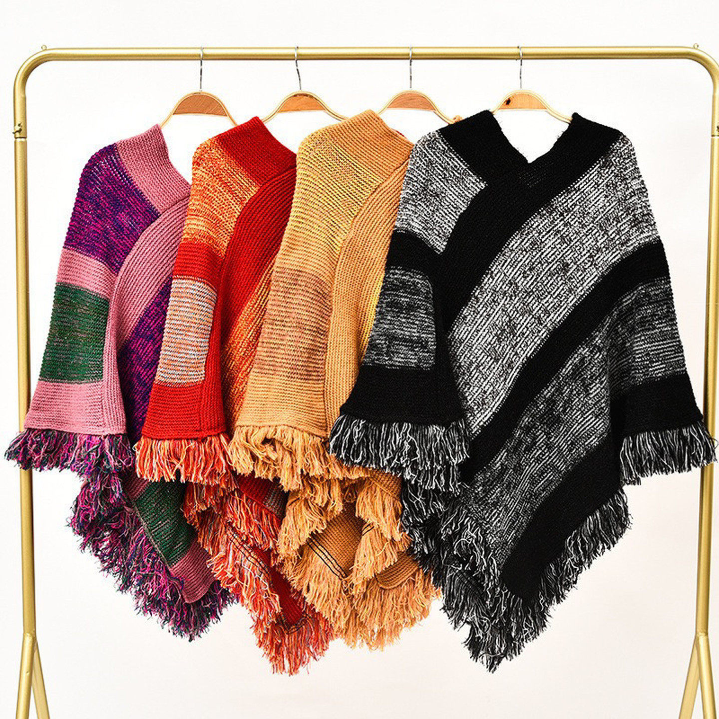 民族风针织斗篷 套头外套女长款流苏保暖厚披肩西北云南旅游拍照