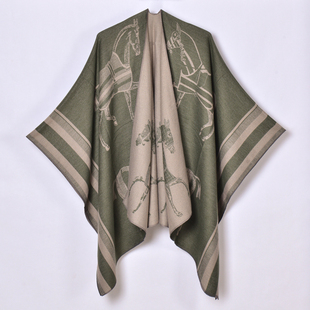 仿羊绒披肩复古加长围巾原创简约百搭开衫边框八大战马图保暖斗篷