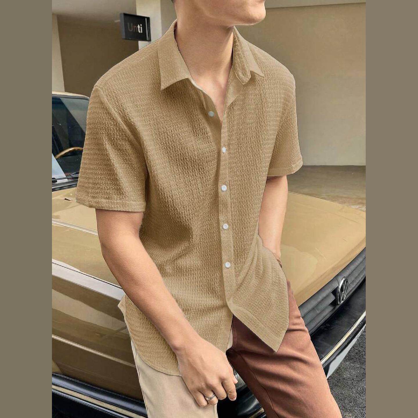 欧美男士纯色短袖通勤衬衫休闲外出wish男装纹理感古巴领短袖上衣