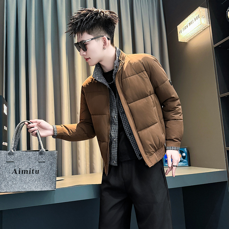 冬季小码棉衣男潮修身XS号格子假两件棉服155矮个子穿搭棉袄外套S