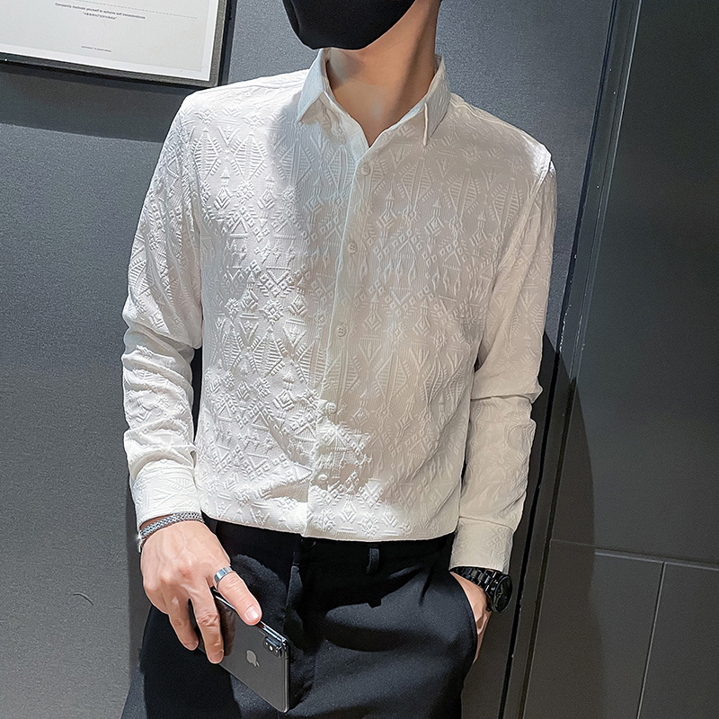 2025秋社会小伙纯色提花修身长袖衬衫XS码矮个子S号XS潮牌衬衣160