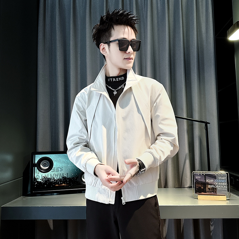 XS号矮个子小码男装工装外套男潮牌褶皱立领夹克S号修身短款上衣
