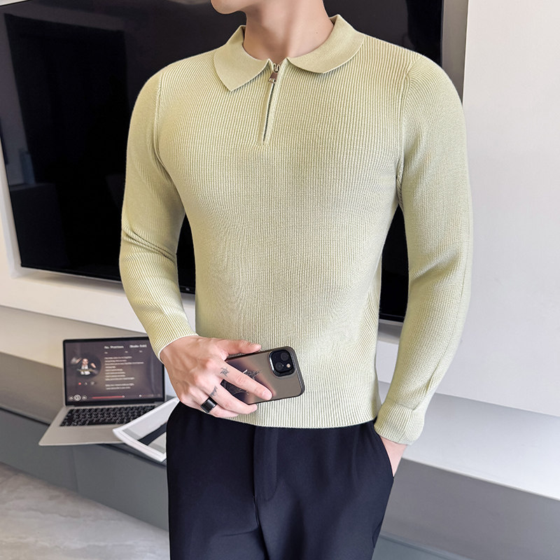 155小码男装秋冬韩版毛衣翻领拉链修身线衣男S号XS休闲针织打底衫