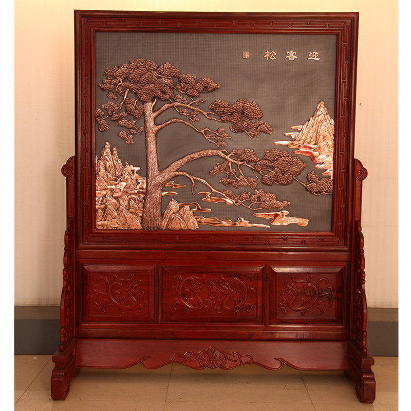 紫铜浮雕八骏图风水大厅隔断屏风红木座屏大型插屏摆件玄关工艺品