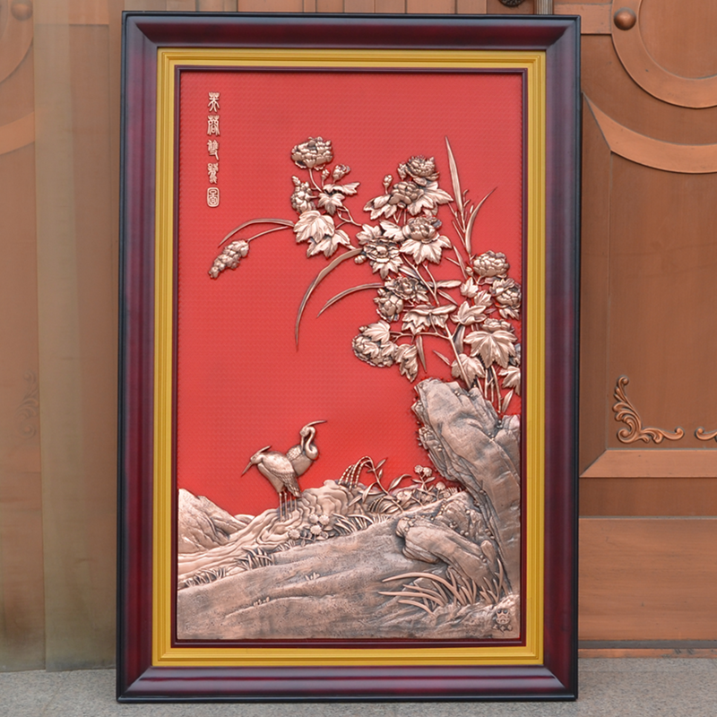 紫铜浮雕芙蓉双鹭酒店办公室走廊大厅书房铜画工艺装饰壁画艺术品