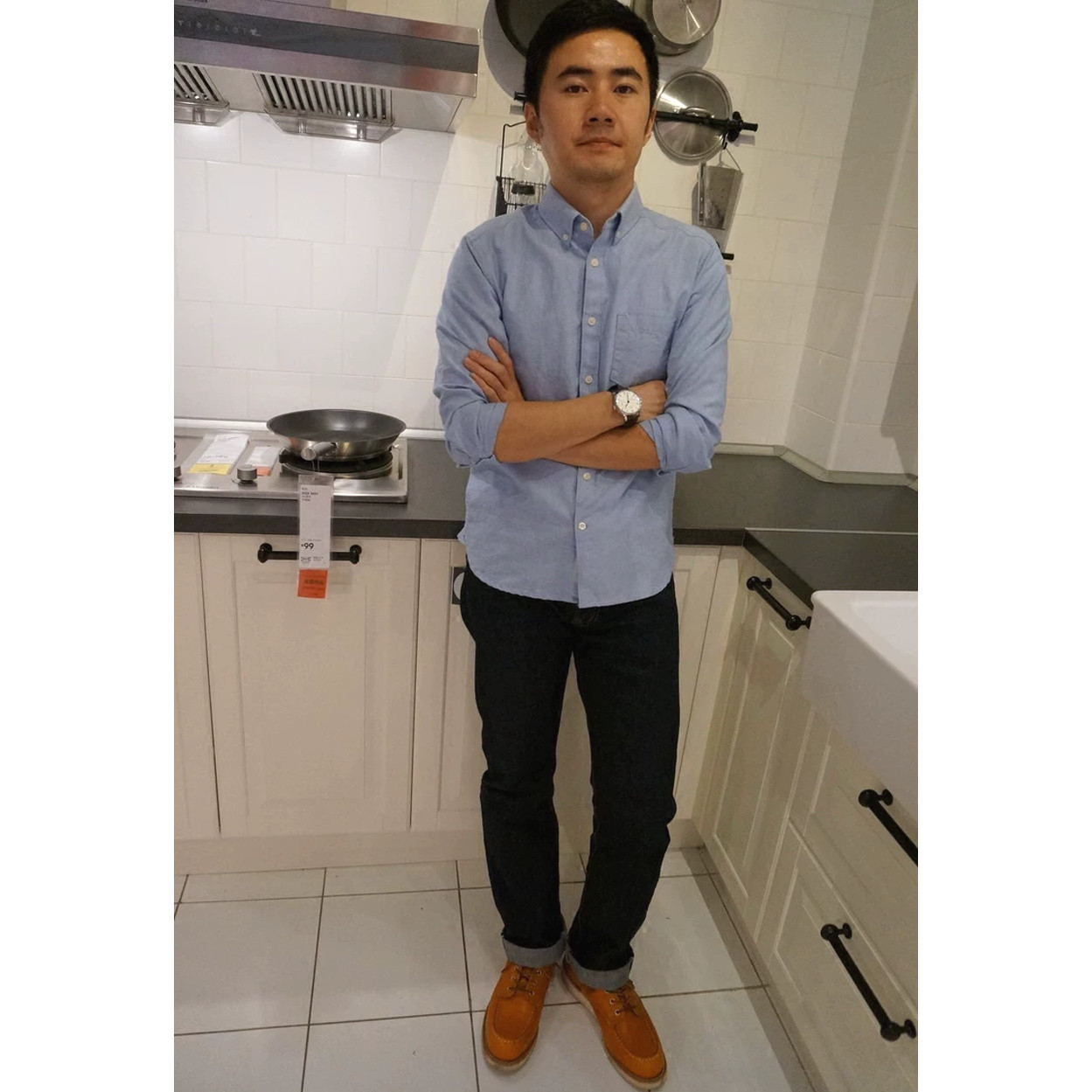 欧货浅蓝牛津纺衬衫男修身型长袖单口袋开衫薄款透气休闲工装衬衣