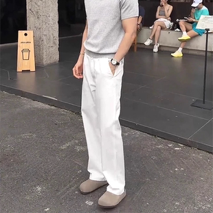 男免烫宽松直筒长裤 西裤 半松紧纽扣西服裤 子西装 潮 法式 裤 白色工装