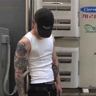 美式 t恤休閑運(yùn)動(dòng)坎肩小馬甲 純棉螺紋背心男明線拼接緊身彈力無(wú)袖