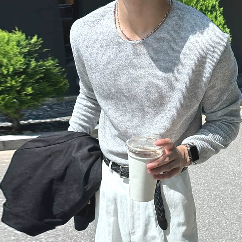 米尼毛绒针织衫男u型大领口宽松长袖t恤肌理感运动罩衫拉领打底衫