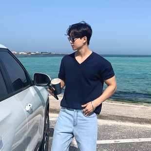 美式v型低领冰丝针织衫男潮牌宽松短袖鸡心领t恤天丝棉紧袖亨利衫