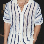 线衣寸衫 美式 衬衣松弛感休闲工装 男网眼透视短袖 条纹镂空针织开衫