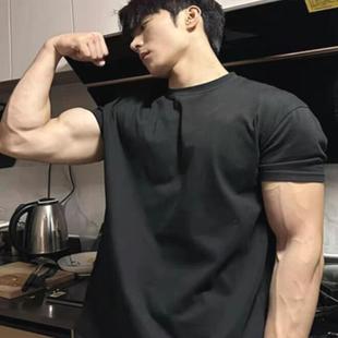 高端丝光棉冰丝t恤男性张力修身弹力三分短袖健身训练速干运动衫