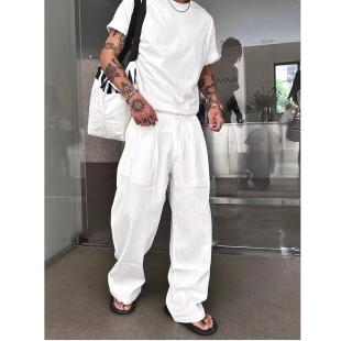 松弛感老爹西裤 长裤 潮 子男海浪皱肌理感宽松阔腿工装 老钱风白色裤