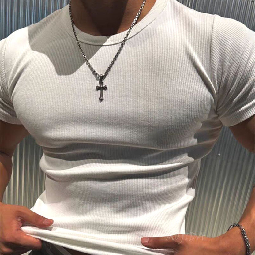 显肌肉紧身衣男冰丝螺纹高弹力三分袖正肩窄腰褶皱速干t恤打底衫,男装,T恤,淘宝优惠券,粉丝福利购,淘宝优惠卷