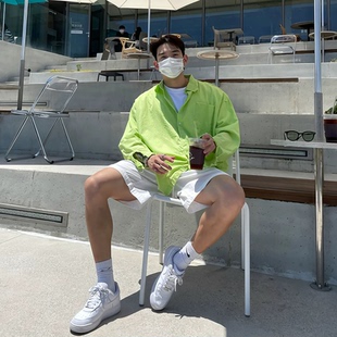 男美式 休闲工装 多巴胺宽松长袖 口袋款 衬衣潮 防晒开衫 绿色纯棉衬衫