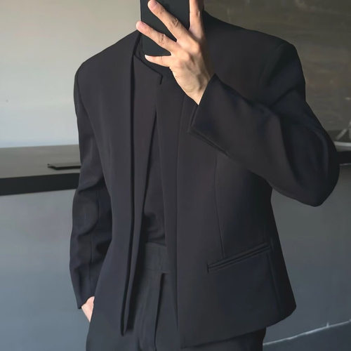 假两件垫肩西装无领单西便服外套