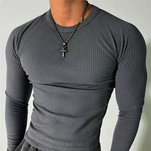 美式硬汉紧身弹力t恤肌肉男华夫格提花长袖卫衣肌理感针织打底衫