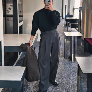 欧美暗扣卡扣压褶西裤男宽松直筒拖地长裤廓尔格巴黎扣工装西装裤