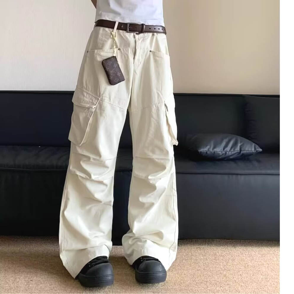 美式潮牌多口袋工装裤男宽松阔腿弯刀长裤微喇叭A字老爹休闲布裤