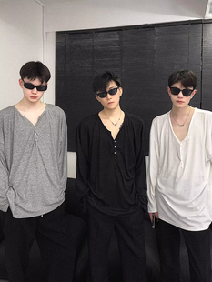 美式u型大领口t恤男丝滑柔顺宽松长袖慵懒风低领亨利衫拉领打底衫