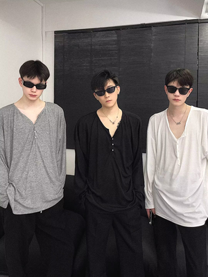 美式u型大领口t恤男丝滑宽松长袖