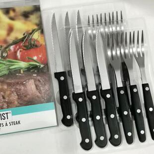 法国塑柄不锈钢锋利牛扒刀叉套装1对牛排刀餐叉BBQ烧烤锯齿刀多用