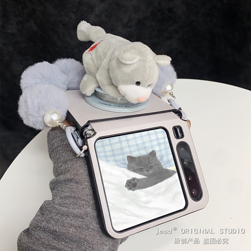 毛绒可爱趴趴公仔灰色猫咪磁吸支架适用荣耀MagicVFlip2手机壳PuraX典藏版保护套华为Pocket2折叠屏novaFlip